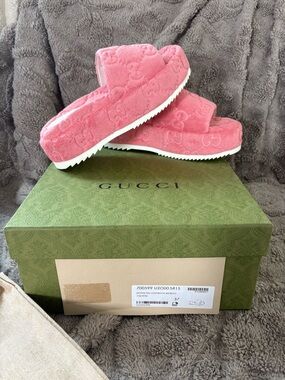 Gucci Pink Velvet Platform Slide Sandals with Embossed GG